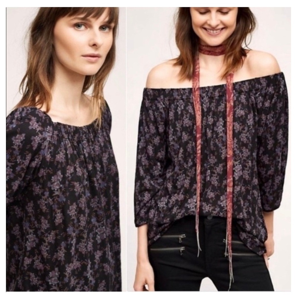 Anthropologie Deletta Caitha Top Black Purple Floral Off Shoulder Blouse S Small - Picture 1 of 6